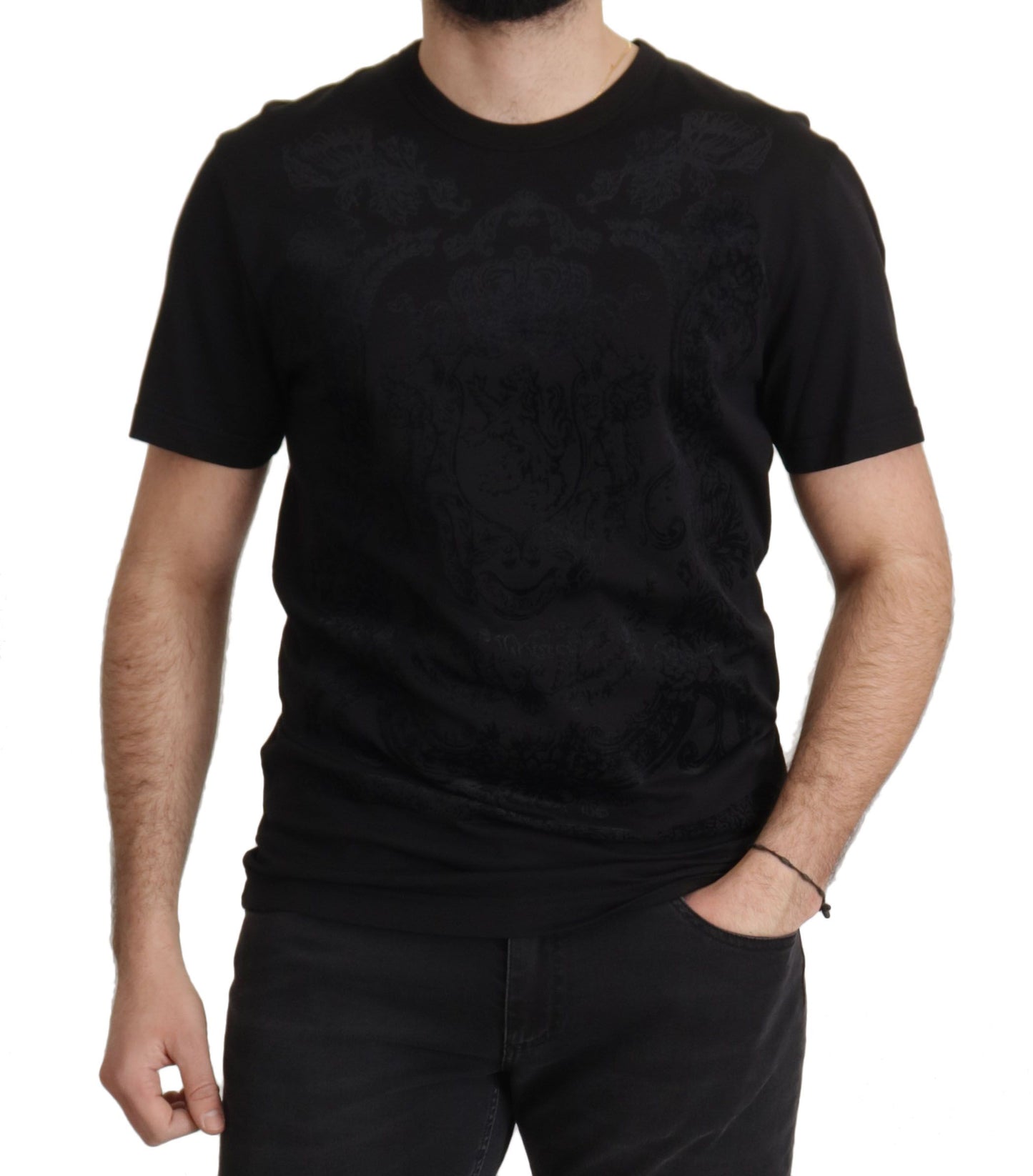 Dolce &amp; Gabbana Schwarzes T-Shirt aus Baumwolle mit Rundhalsausschnitt im DG Baroque-Stil