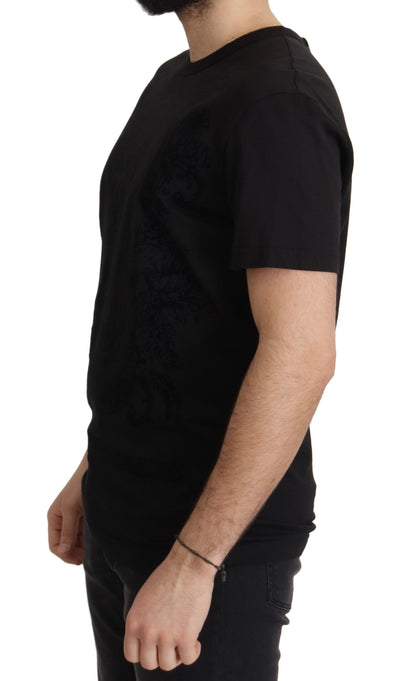 Dolce &amp; Gabbana Schwarzes T-Shirt aus Baumwolle mit Rundhalsausschnitt im DG Baroque-Stil