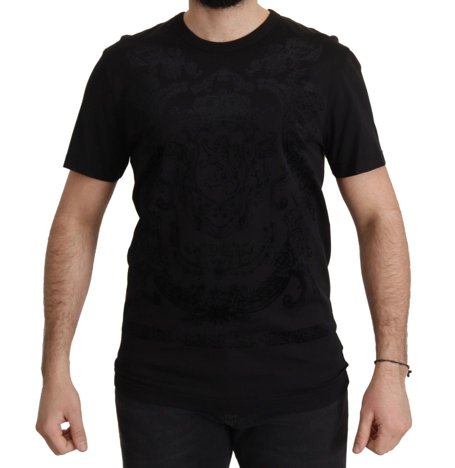 Dolce &amp; Gabbana Schwarzes T-Shirt aus Baumwolle mit Rundhalsausschnitt im DG Baroque-Stil