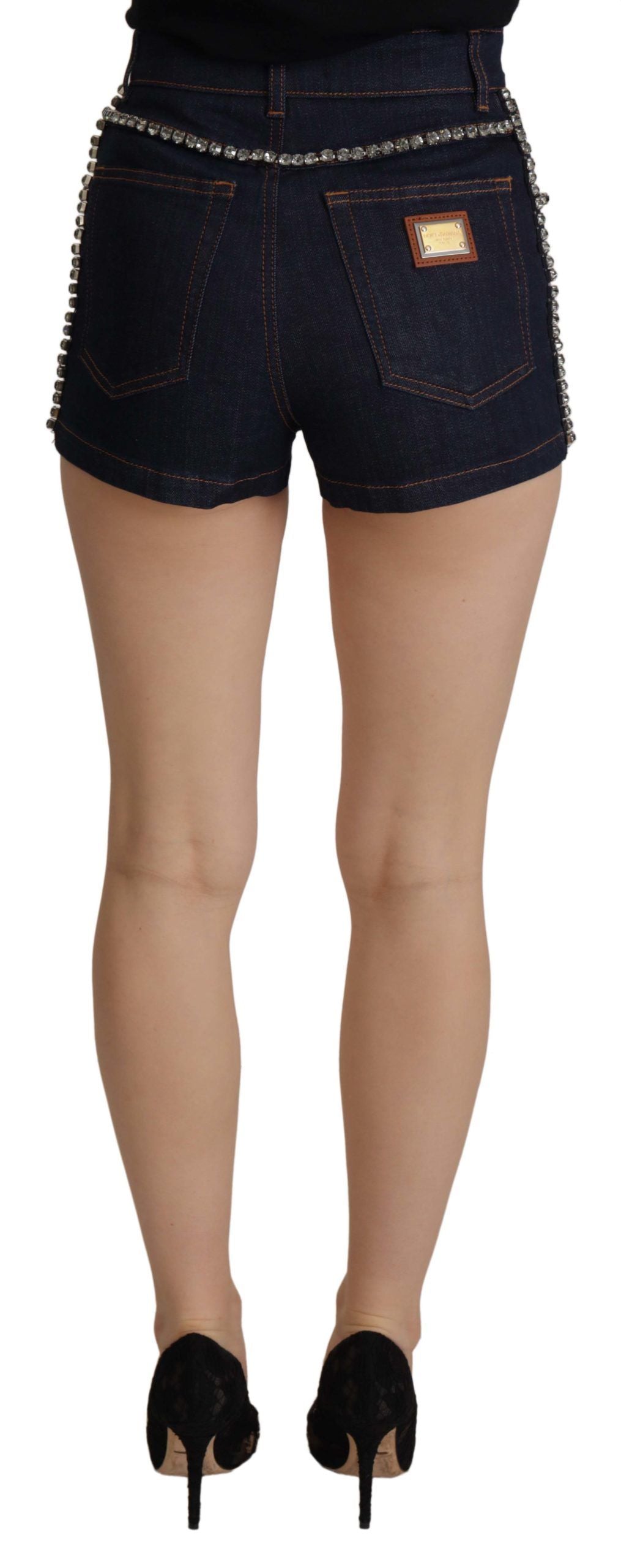 Dolce &amp; Gabbana – Hotpants-Shorts aus Stretch-Denim mit Kristallen in Blau