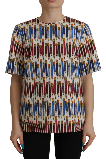Dolce &amp; Gabbana – Weiße T-Shirt-Bluse aus Baumwolle mit Bleistiftdruck