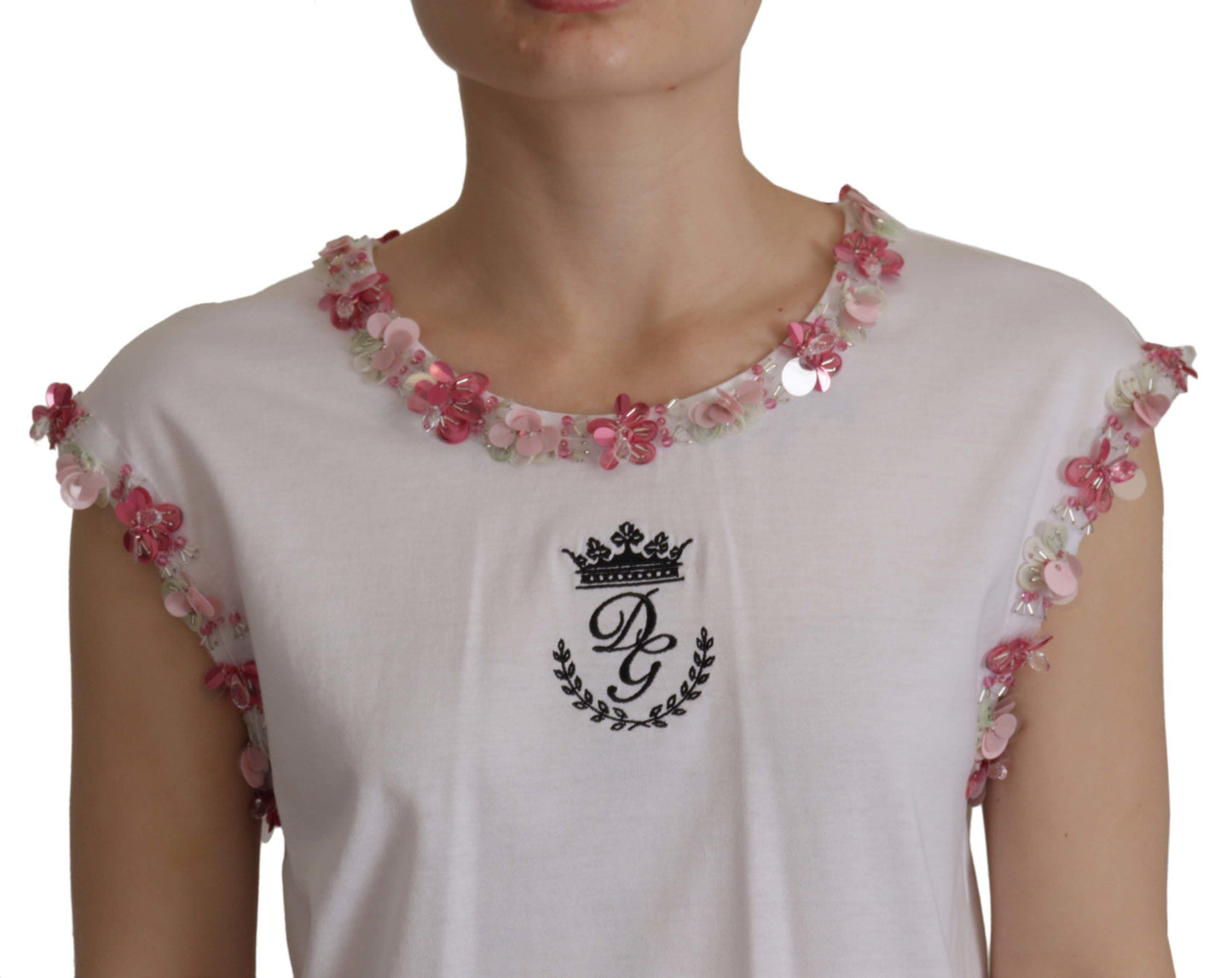 Dolce &amp; Gabbana – Weißes T-Shirt mit DG-Krone und Blumenpailletten