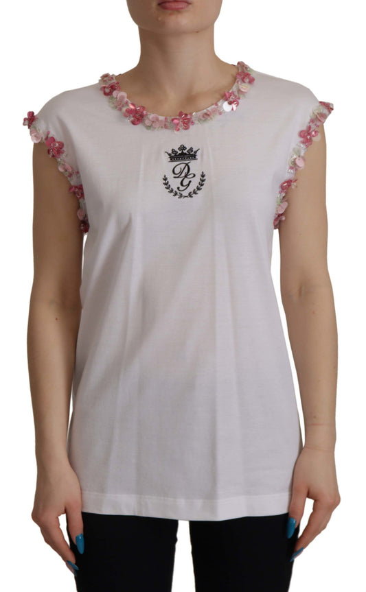 Dolce &amp; Gabbana – Weißes T-Shirt mit DG-Krone und Blumenpailletten
