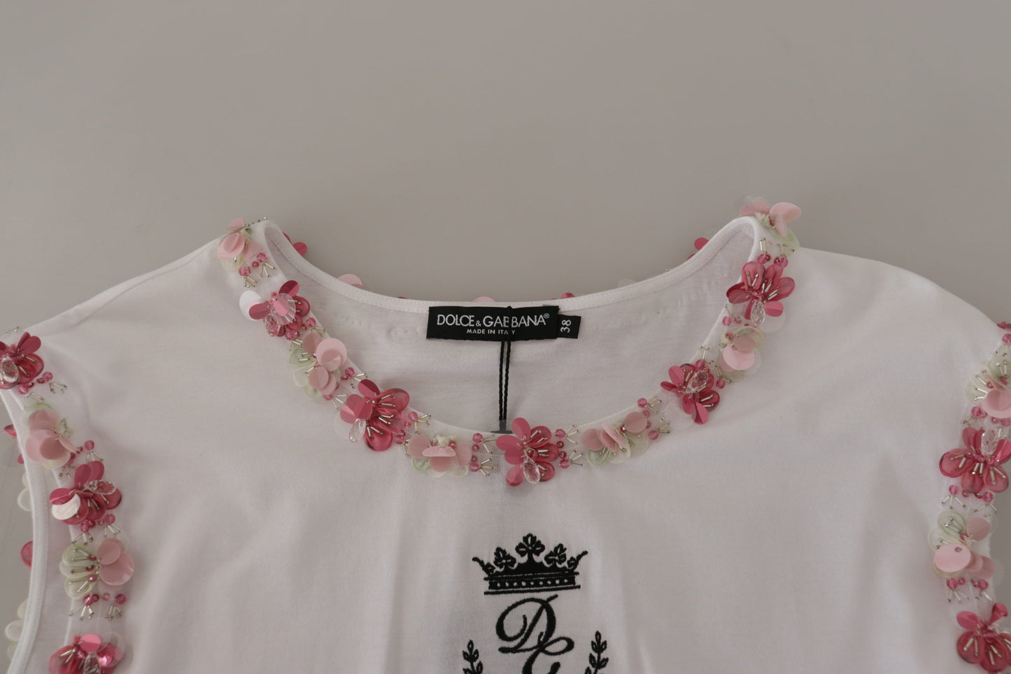 Dolce &amp; Gabbana – Weißes T-Shirt mit DG-Krone und Blumenpailletten