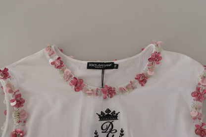 Dolce &amp; Gabbana – Weißes T-Shirt mit DG-Krone und Blumenpailletten