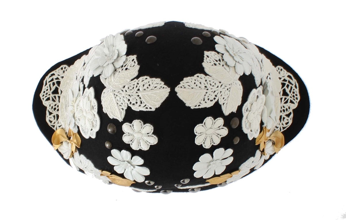 Dolce &amp; Gabbana Hut aus schwarzer Wolle mit weißem Blumenmuster und Blattgold