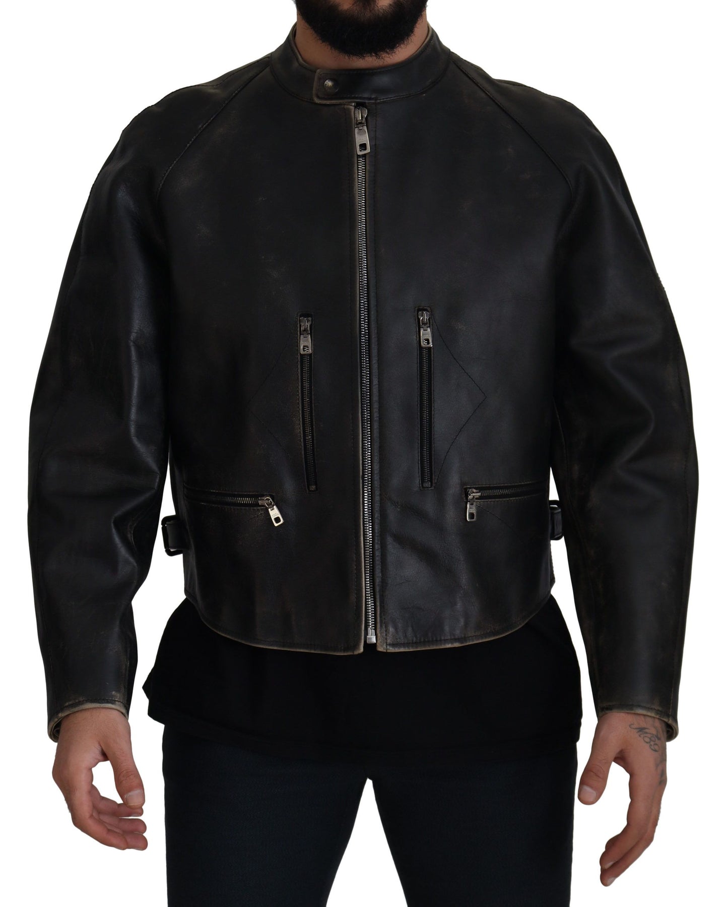 Dolce &amp; Gabbana – Schwarze Bikerjacke aus Leder mit Reißverschluss