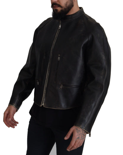 Dolce &amp; Gabbana – Schwarze Bikerjacke aus Leder mit Reißverschluss