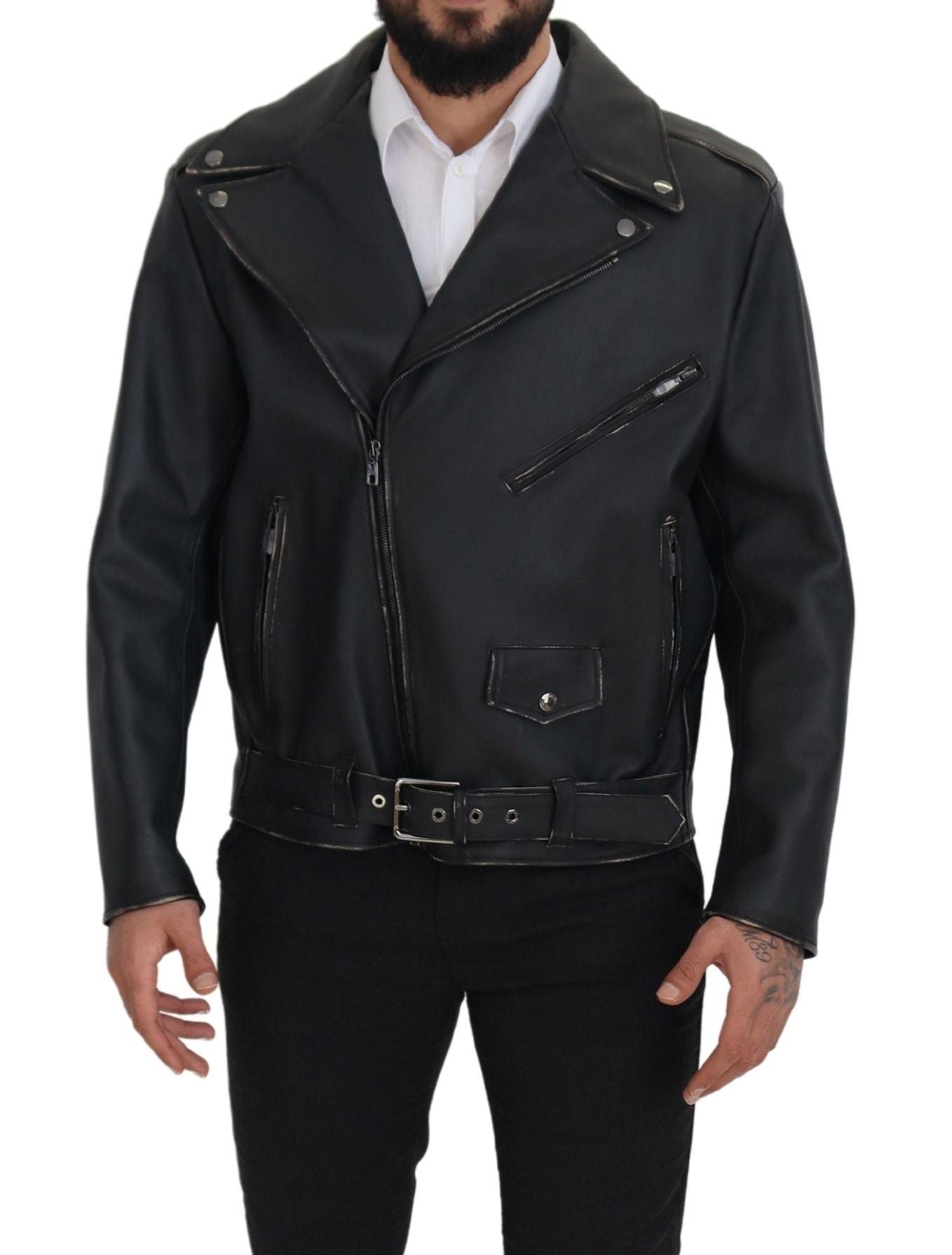 Dolce &amp; Gabbana – Schwarze Bikerjacke aus Leder mit Reißverschluss
