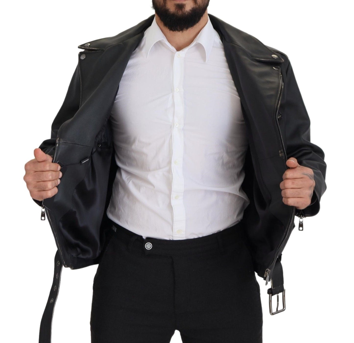 Dolce &amp; Gabbana – Schwarze Bikerjacke aus Leder mit Reißverschluss