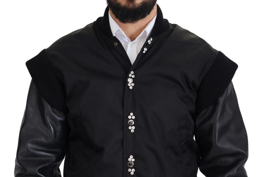 Dolce &amp; Gabbana Schwarze Nylon-Kristallmantel-Knöpfe-Jacke