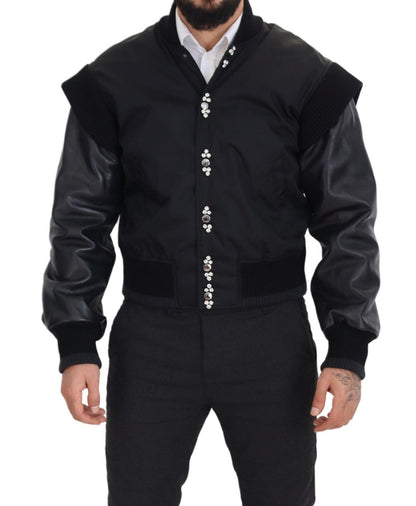 Dolce &amp; Gabbana Schwarze Nylon-Kristallmantel-Knöpfe-Jacke