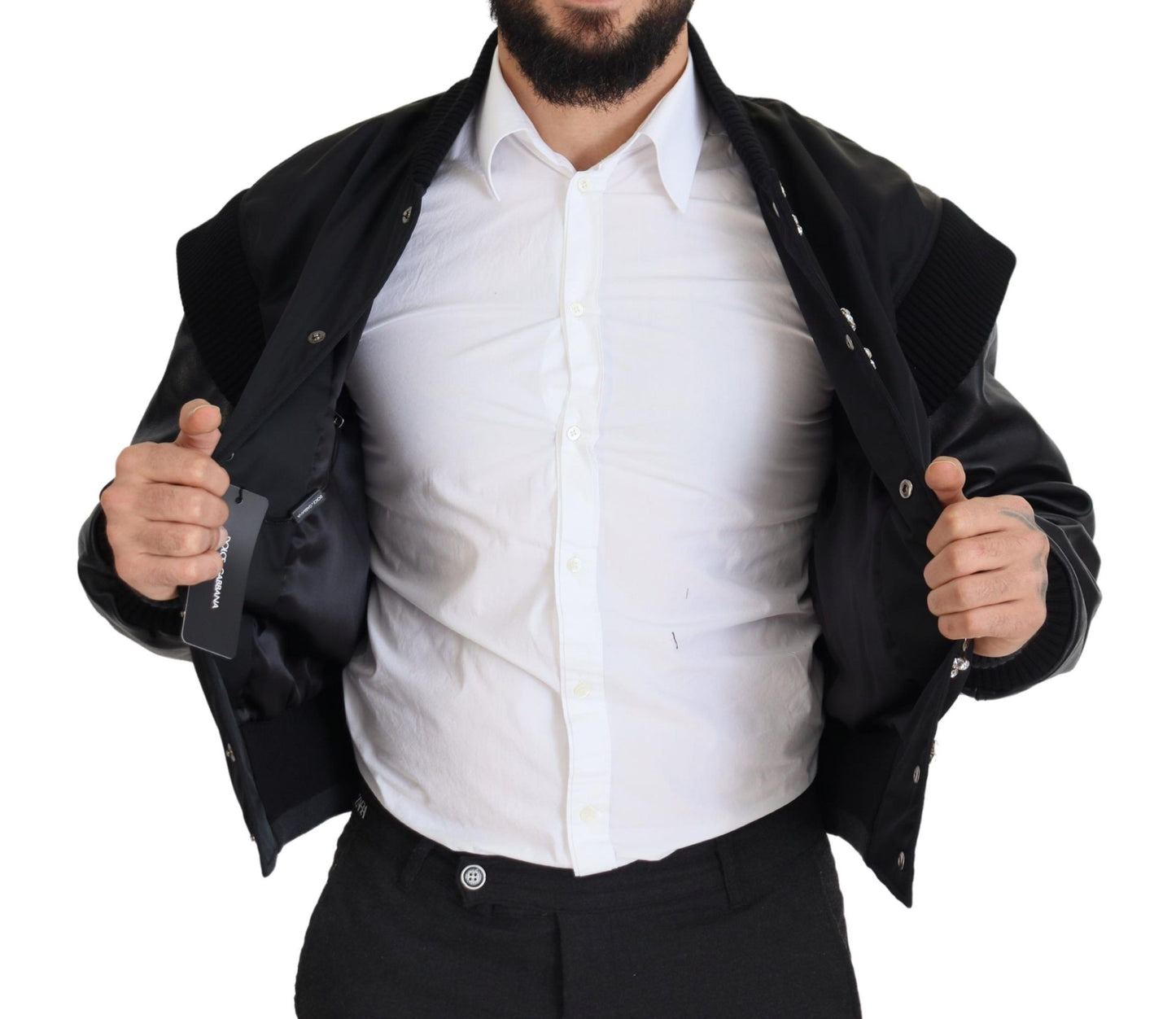 Dolce &amp; Gabbana Schwarze Nylon-Kristallmantel-Knöpfe-Jacke