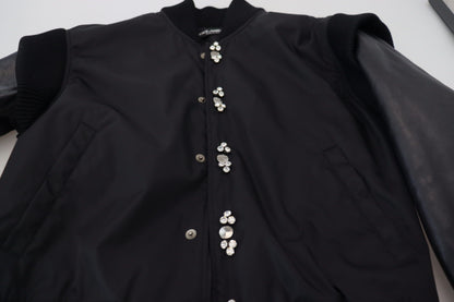 Dolce &amp; Gabbana Schwarze Nylon-Kristallmantel-Knöpfe-Jacke