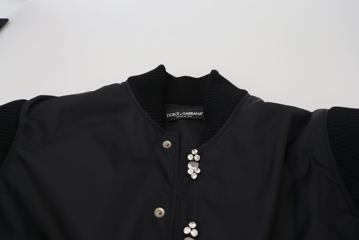 Dolce &amp; Gabbana Schwarze Nylon-Kristallmantel-Knöpfe-Jacke
