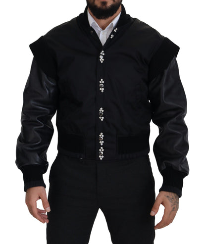 Dolce &amp; Gabbana Schwarze Nylon-Kristallmantel-Knöpfe-Jacke