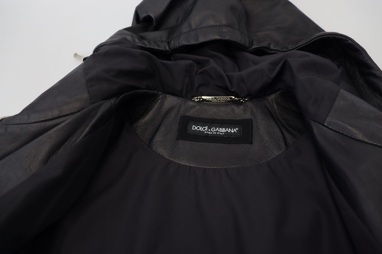Dolce &amp; Gabbana – Blouson-Manteljacke aus schwarzem Leder mit Kapuze