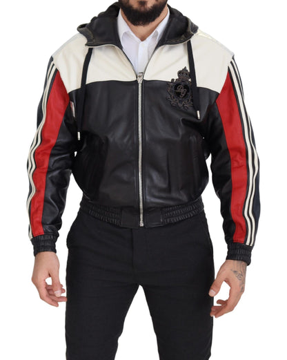 Dolce &amp; Gabbana – Blouson-Manteljacke aus schwarzem Leder mit Kapuze