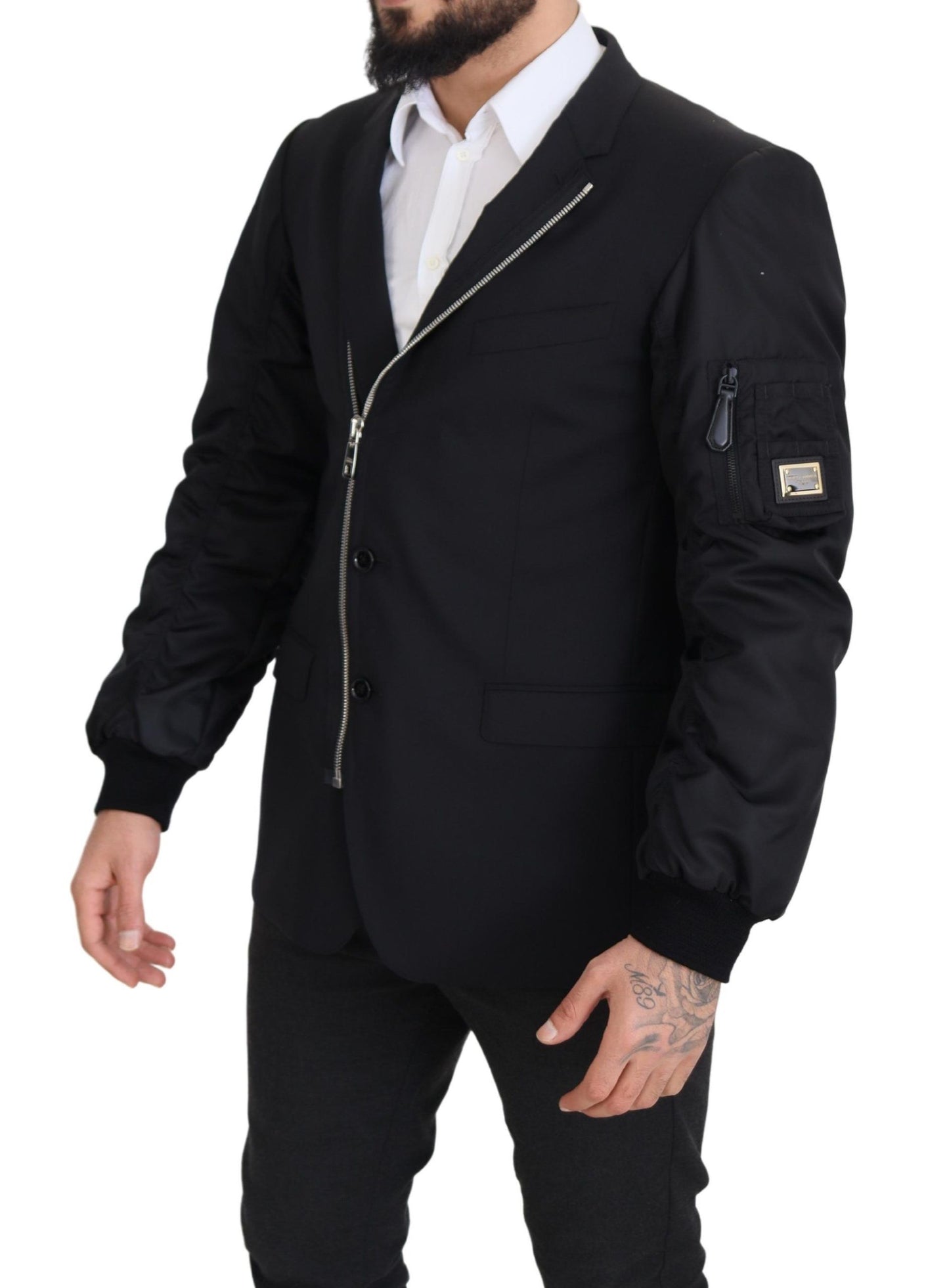 Dolce &amp; Gabbana – Schwarze Wolljacke mit durchgehendem Reißverschluss und langen Ärmeln