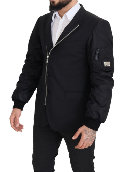 Dolce &amp; Gabbana – Schwarze Wolljacke mit durchgehendem Reißverschluss und langen Ärmeln