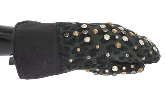 Dolce & Gabbana – Graue Woll-Shearling-Handschuhe mit grünem Leopardenmuster und Nieten