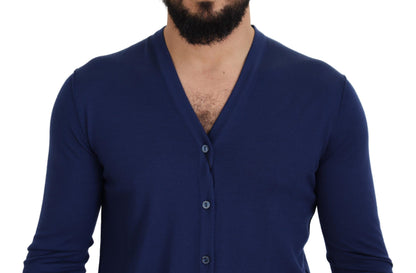 Dolce &amp; Gabbana Blauer Cardigan aus Wolle mit V-Ausschnitt und Knopfleiste