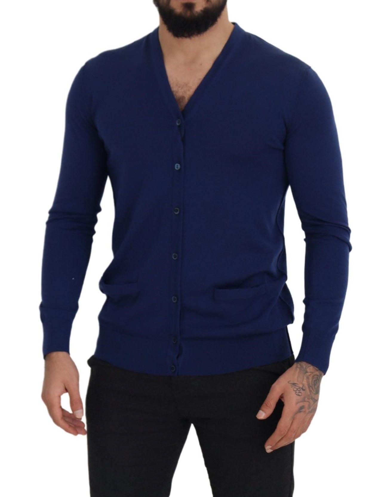 Dolce &amp; Gabbana Blauer Cardigan aus Wolle mit V-Ausschnitt und Knopfleiste