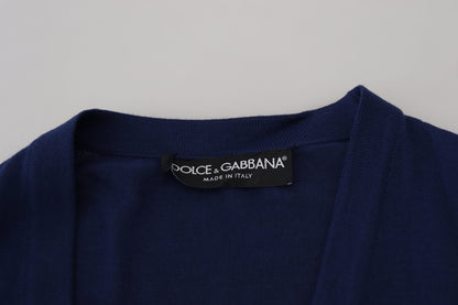Dolce &amp; Gabbana Blauer Cardigan aus Wolle mit V-Ausschnitt und Knopfleiste