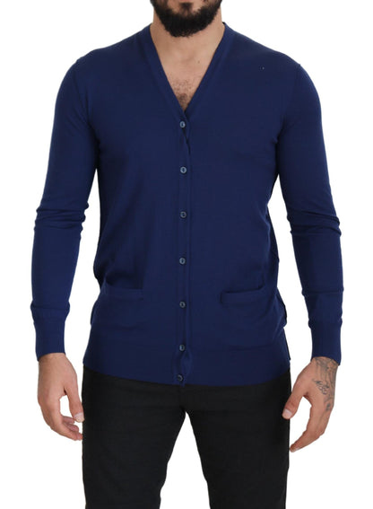 Dolce &amp; Gabbana Blauer Cardigan aus Wolle mit V-Ausschnitt und Knopfleiste
