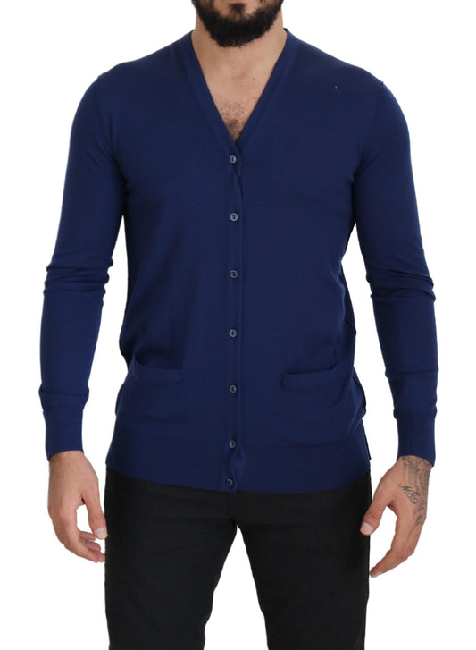 Dolce &amp; Gabbana Blauer Cardigan aus Wolle mit V-Ausschnitt und Knopfleiste