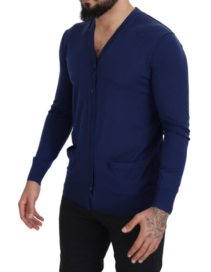 Dolce &amp; Gabbana Blauer Cardigan aus Wolle mit V-Ausschnitt und Knopfleiste