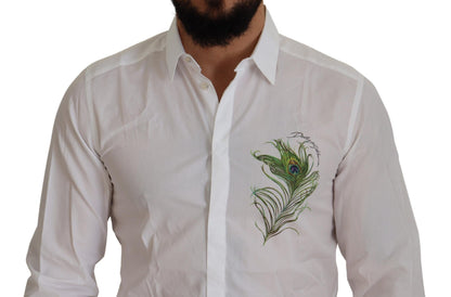Dolce &amp; Gabbana Weißes, formelles GOLD-Hemd aus Baumwolle mit Pfauenfeder