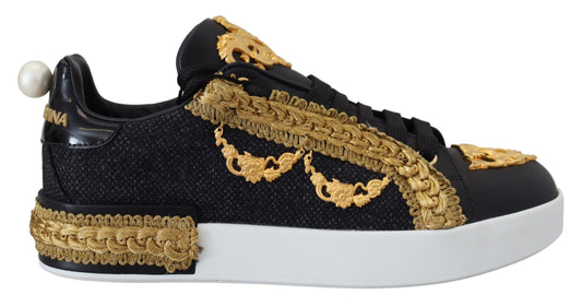 Dolce &amp; Gabbana Schwarz Gold Baroque Portofino Leder Sneakers Schuhe