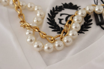 Dolce &amp; Gabbana – Weißes T-Shirt-Oberteil mit Halskette und verziertem Ausschnitt