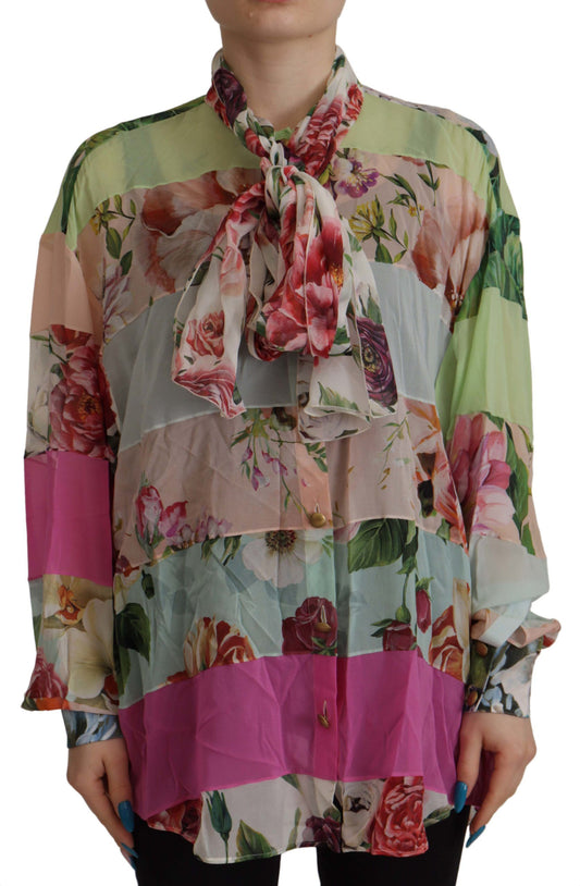 Dolce &amp; Gabbana Bluse mit mehrfarbigem Ascot-Kragen und floralem Patchwork-Design