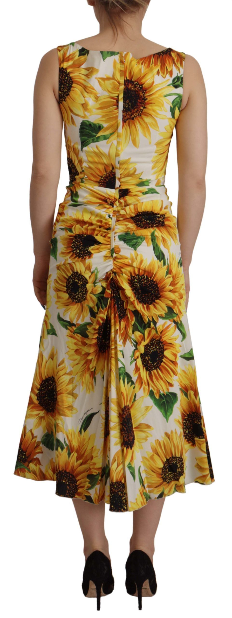 Dolce &amp; Gabbana Weißes Etuikleid aus Seide mit Sonnenblumen-Print