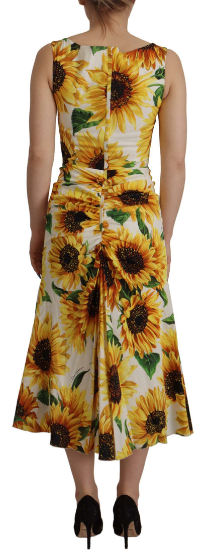 Dolce &amp; Gabbana Weißes Etuikleid aus Seide mit Sonnenblumen-Print