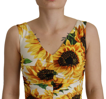 Dolce &amp; Gabbana Weißes Etuikleid aus Seide mit Sonnenblumen-Print