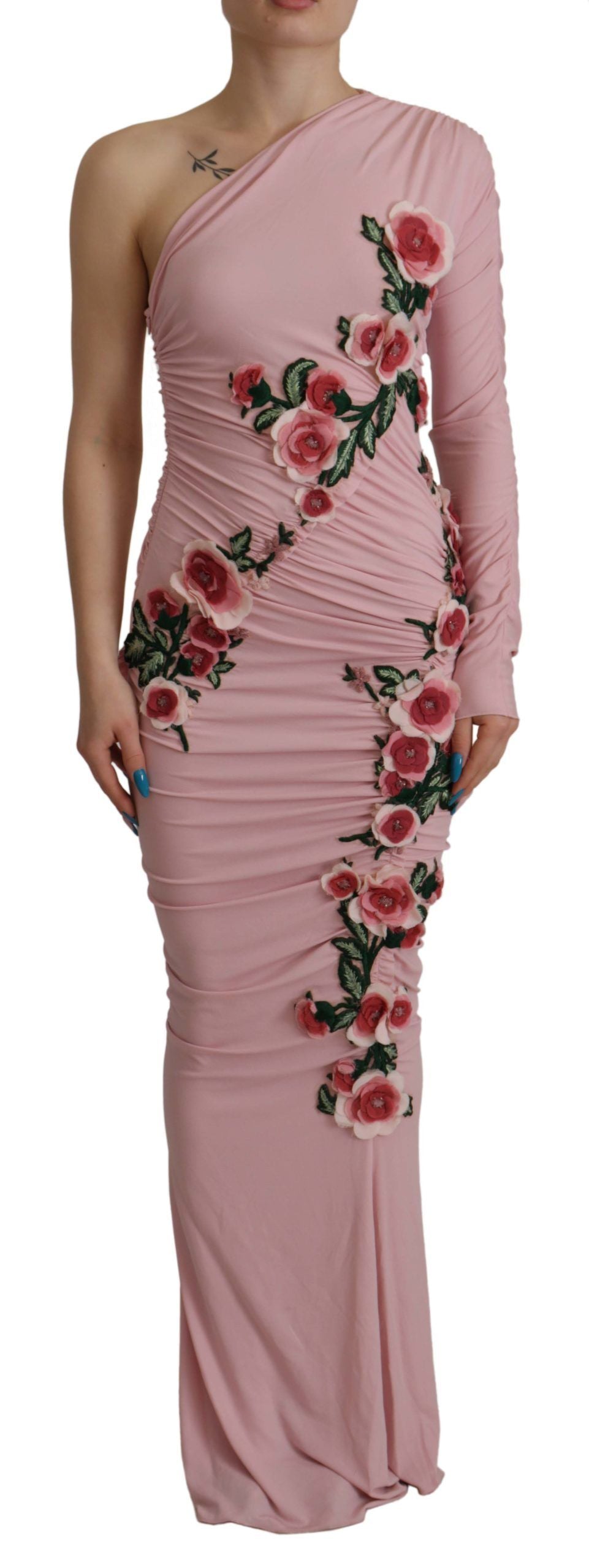 Dolce &amp; Gabbana – One-Shoulder-Kleid mit rosa Blumenverzierung