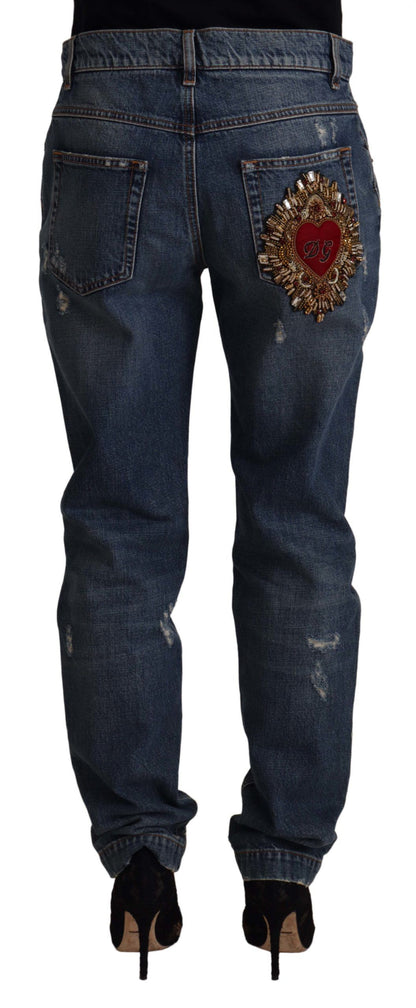Dolce &amp; Gabbana Blue Denim Barock Herz Logo Patch Hose Jeans