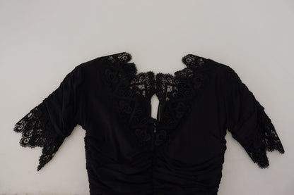 Dolce &amp; Gabbana – Schwarzes, figurbetontes Midi-Etuikleid aus Spitze und Seide