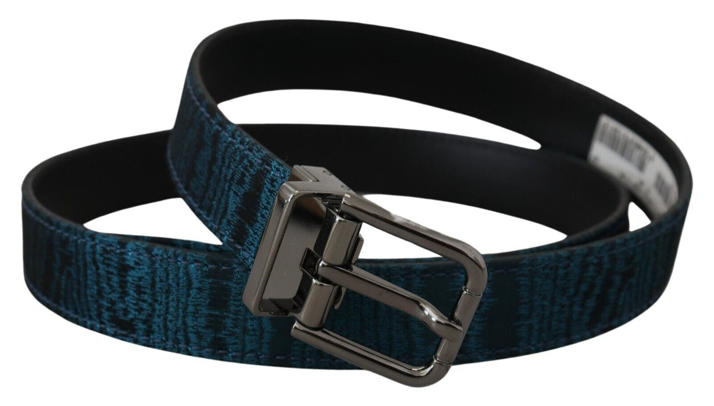 Dolce & Gabbana Blue Jacquard Moire Silver Metal Belt Men