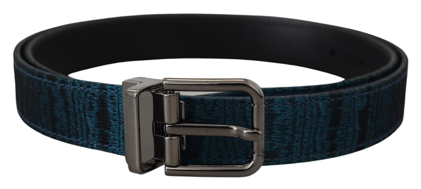 Dolce &amp; Gabbana Blauer Jacquard-Moire-Gürtel aus silbernem Metall Herren