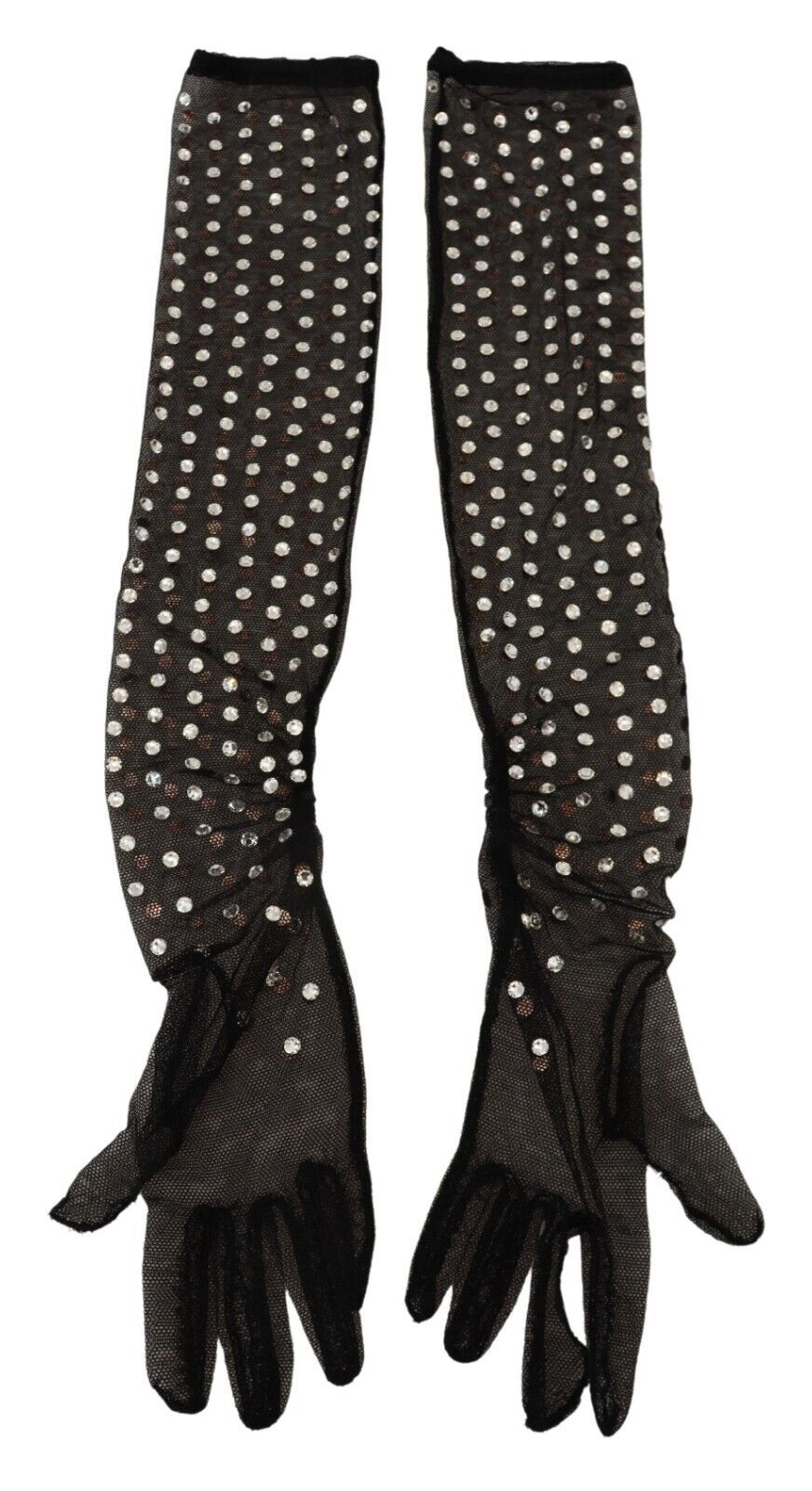 Dolce &amp; Gabbana – Schwarze, ellenbogenlange Handschuhe aus Baumwolltüll mit Kristallen