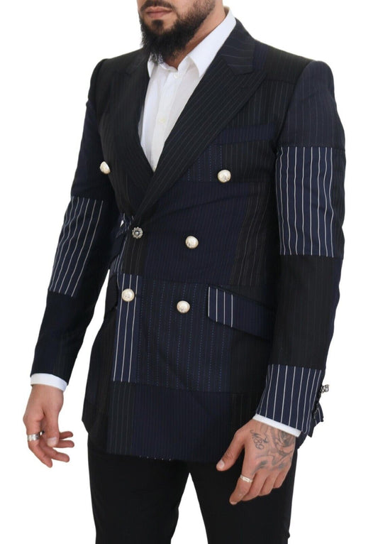 Dolce &amp; Gabbana – Zweireihiger Blazer aus blauer Wolle im Patchwork-Stil