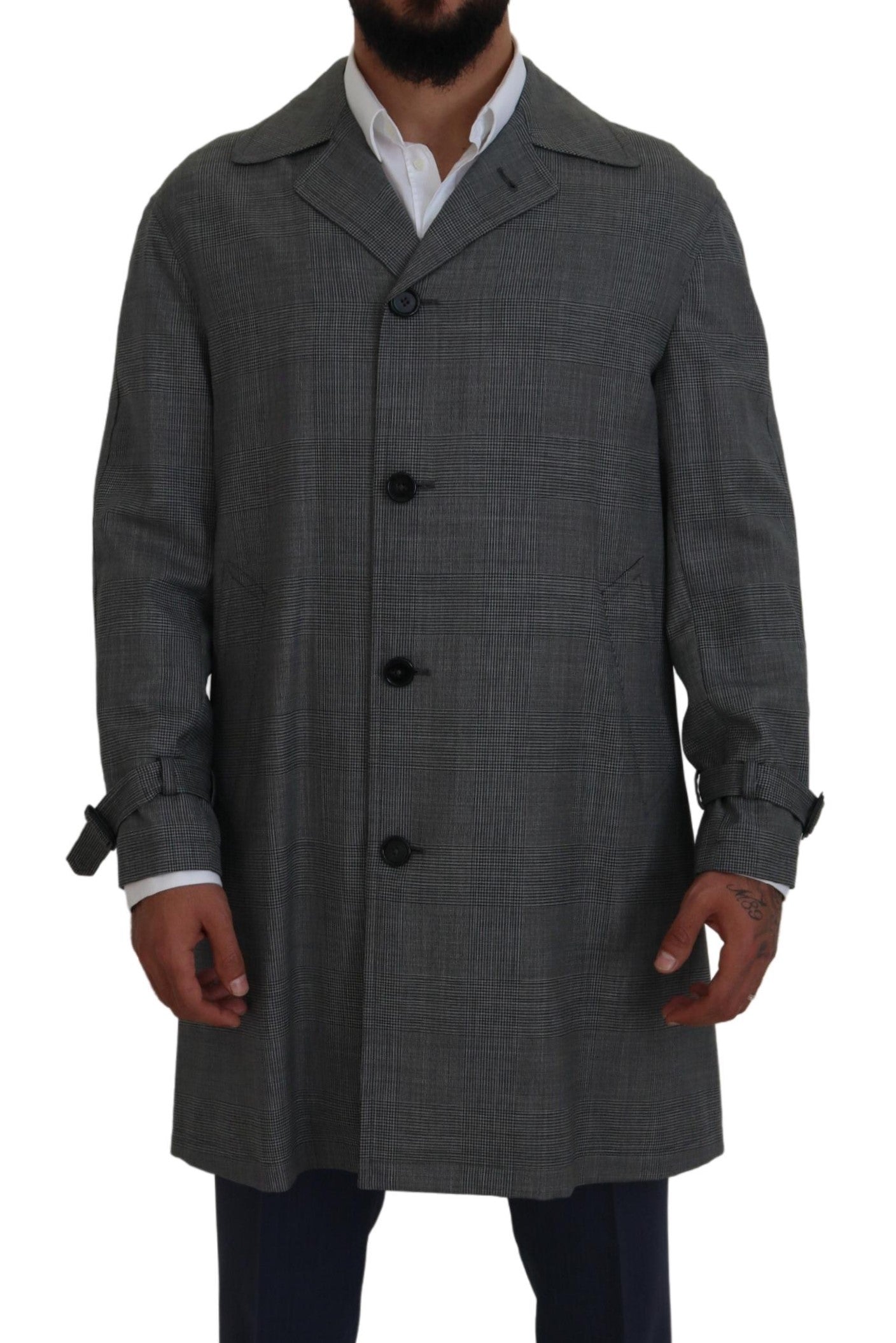 Dolce &amp; Gabbana Graue Wolle Plaid Lange Trenchcoat Jacke Trenchcoat Jacke