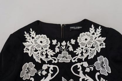 Dolce &amp; Gabbana – Schwarzes A-Linien-Kleid mit halblangen Ärmeln und Spitzenbesatz