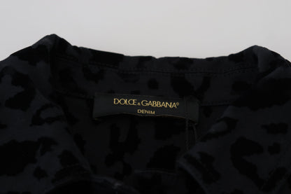 Dolce &amp; Gabbana – Schwarze Jeansjacke mit langen Ärmeln und Leopardenmuster