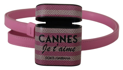 Dolce &amp; Gabbana – Airpods-Hülle mit rosa-schwarzem Lederarmband und goldenem Metalllogo