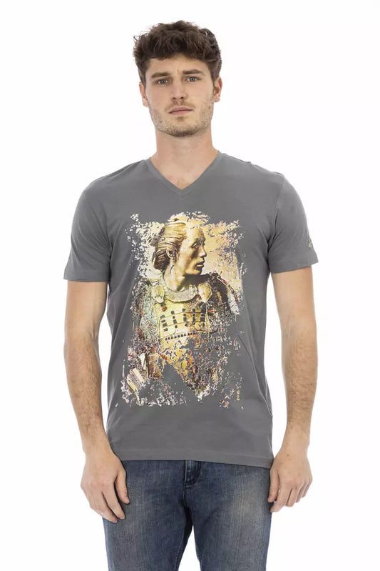 Trussardi Action Graues Herren-T-Shirt aus Baumwolle mit V-Ausschnitt